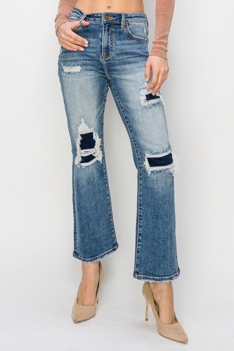 Risen Full Size High Rise Distressed Ankle Flare Jeans - Love Salve